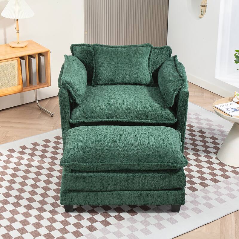 Boucle Oversized Sofa Chair With Ottoman - Dark Green