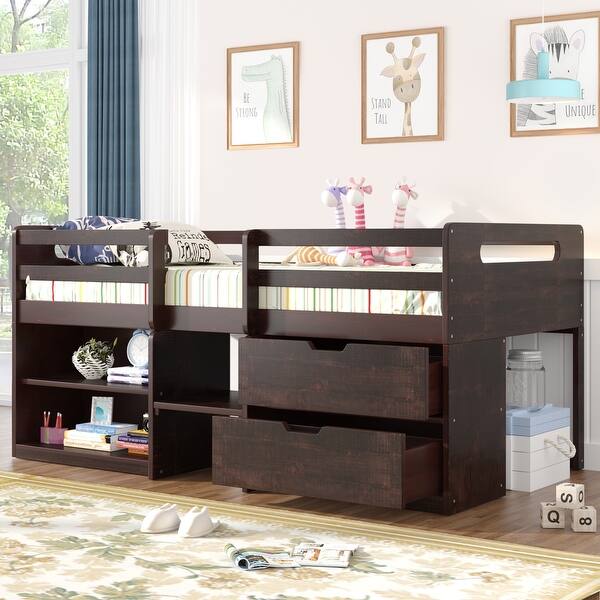 slide 2 of 57, Contemporary Modern Design Twin Size Wood Loft Bed,Full-Length Guardrail ang Two Shelves Two drawers Antique Espresso