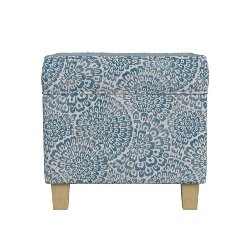 Pyp Square Storage Ottoman, 18 Inch Blue Ivory Floral Fabric, Brown