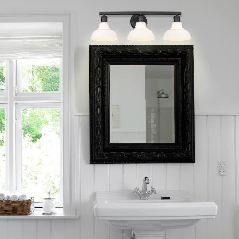 Yep by Golden Lighting Carver 3-light Vanity in Matte Black and Vintage Milk Glass