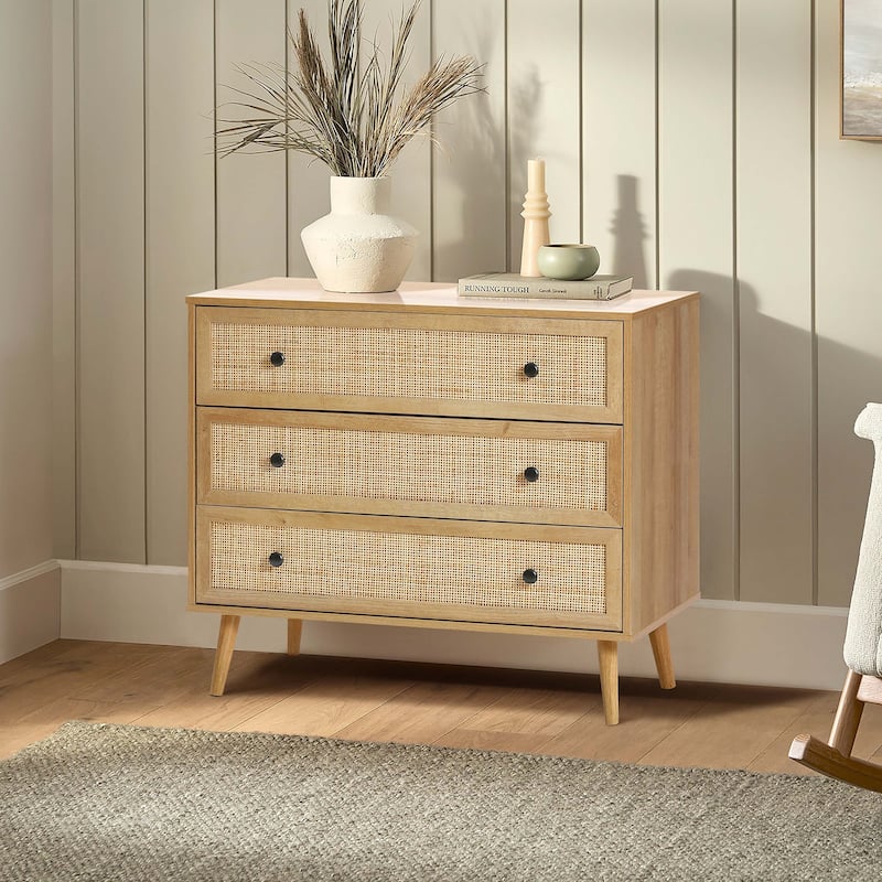 35" Wide 3-Drawer Rattan Light Oak Finish Wood Dresser