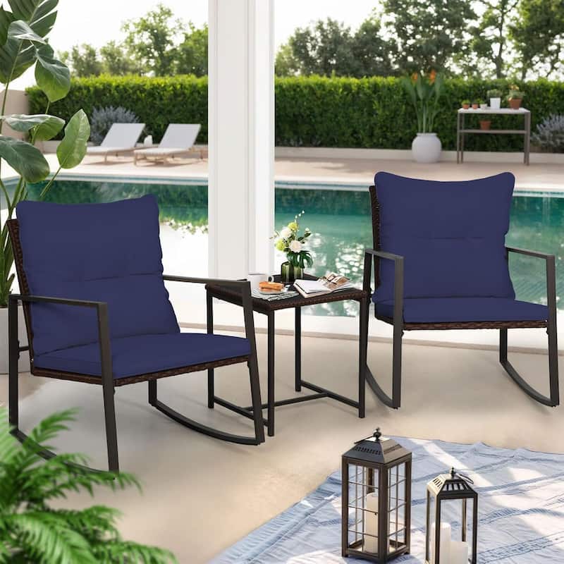 SUNCROWN 3-piece Outdoor Patio Brown/Black Wicker Rocking Chairs Conversation Bistro Set