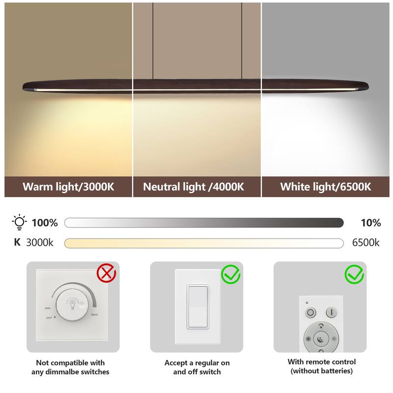 51-inch Streamline Wooden LED Pendant Light with Remote Control, Adjustable Hanging Light for Dining Room, Living Room - Walnut