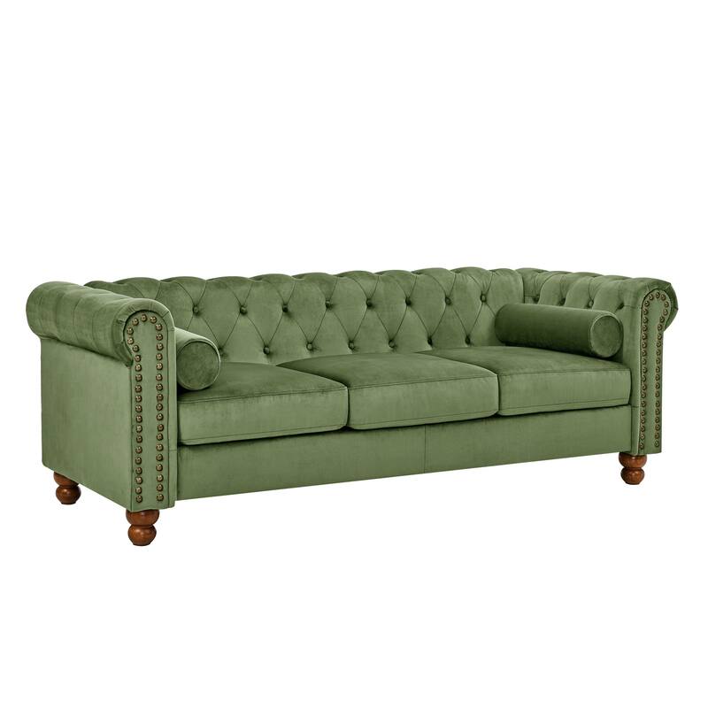 74.5'' Velvet Sofa with Button Tufting, Nailhead Detailing, and Turned Wooden Legs