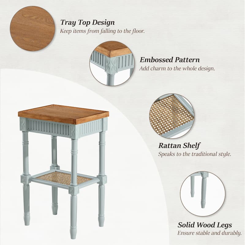 COZAYH French Country Distressed Accent Table, Espresso Tray Top and Woven Wicker Shelf, Boho, Farmhouse, Rustic Decor