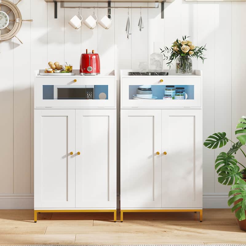 White-Gold MDF and Metal Kitchen Pantry Cabinet with LED Lights and USB Ports - 23.5" x 12" x 43.5"