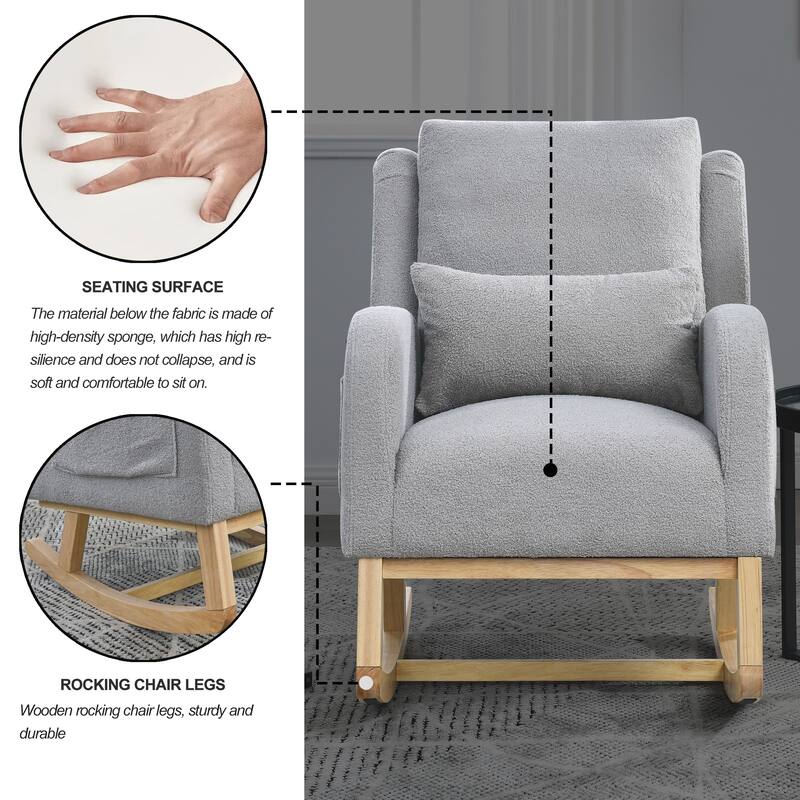High Back Rocker Accent Chair with Wood Base, One Lumbar Pillow and Two Side Pockets