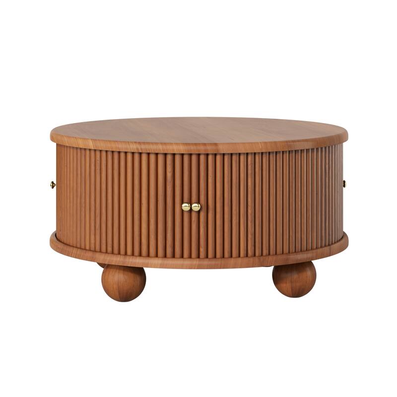 Round Coffee Table with Storage, 31.8" Modern Coffee Table with Sliding Door & Solid Wood Legs, Minimalist Center Table
