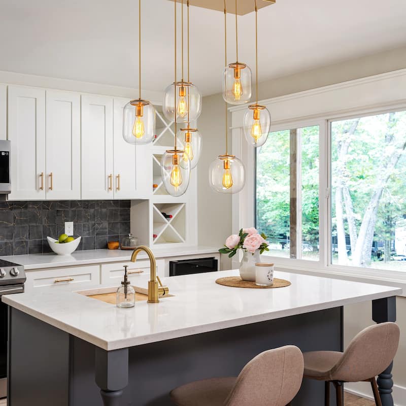 Mid-Century 7-Light Cluster Glass Globe Kitchen Island Pendant Chandelier - W35.43"