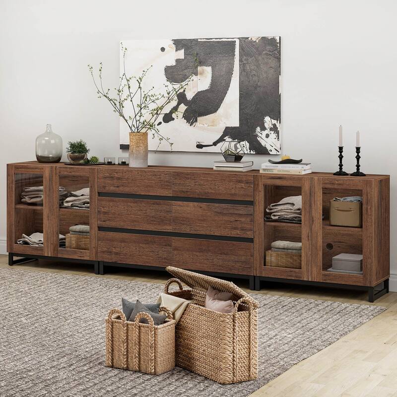 WAMPAT 3 in 1 Multifunctional Dresser with Glass Doors and 6 Drawers, Modern Chest of Drawers for Bedroom - Brown - 6-drawer