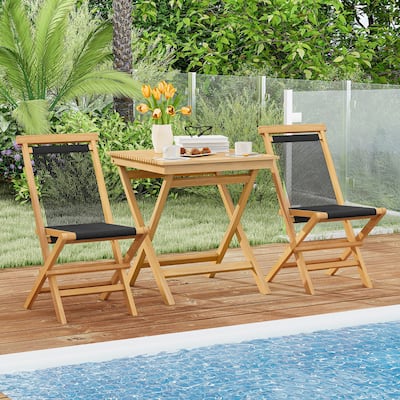 Gymax 3-Piece Patio Bistro Set Teak Wood Square Coffee Table & Folding