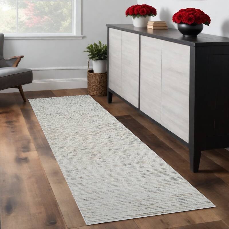 Bino Distressed Geometric Modern Stain Resistant Woven Durable Area Rug By HomeRoots - 2' X 8' - 2' X 8' - Gray and Beige - Rectangle