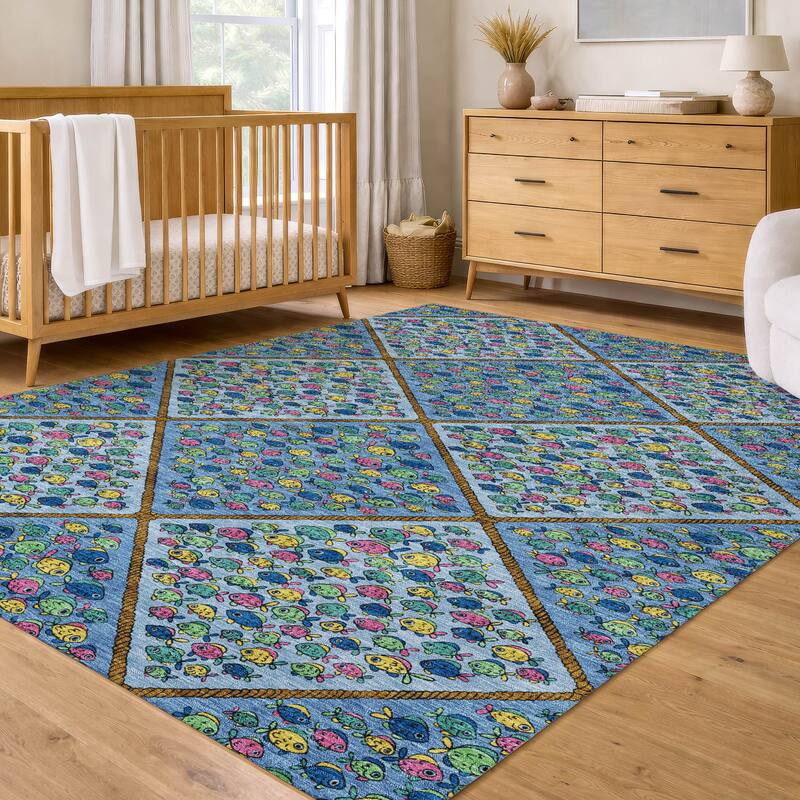 Machine Washable Indoor/ Outdoor Diamond Fish Chantille Rug