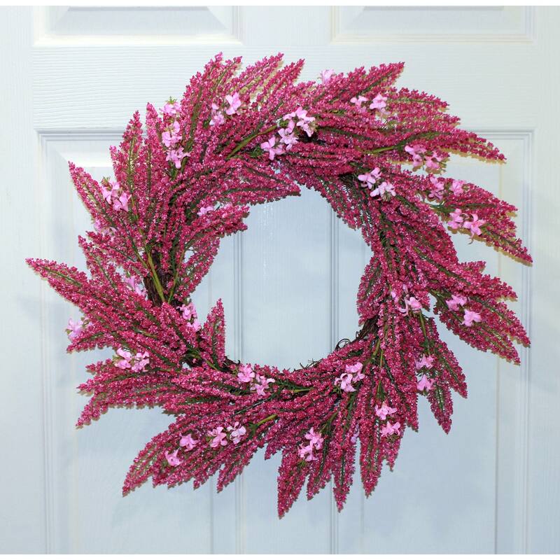 22" Heather Wreath w/ Pink Flowers on Natural Twig Base - 22
