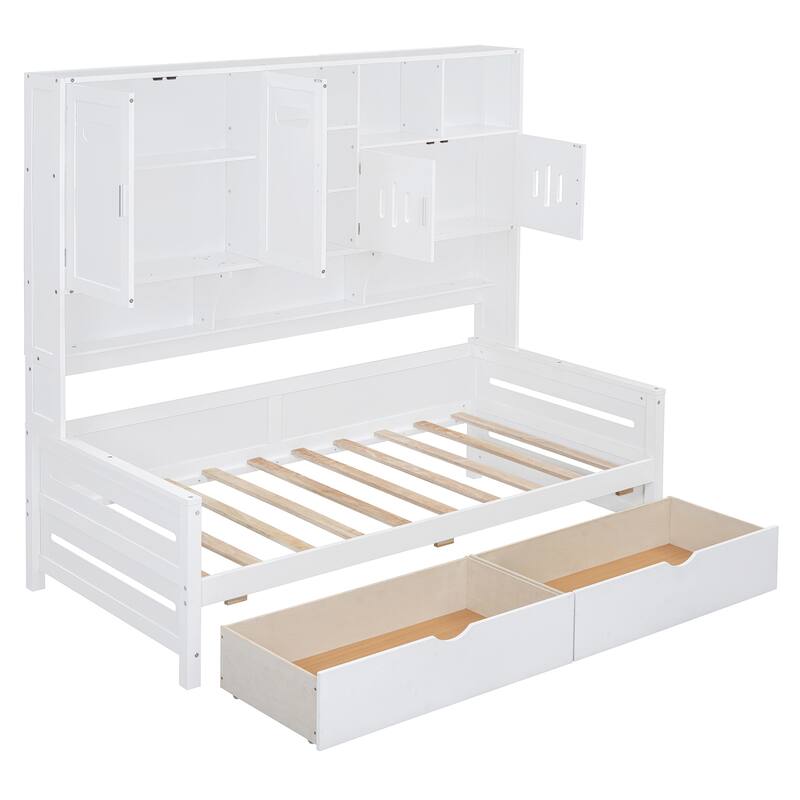 Twin Size Wooden Daybed with Two Drawers, All-in-One Cabinet, and Shelf
