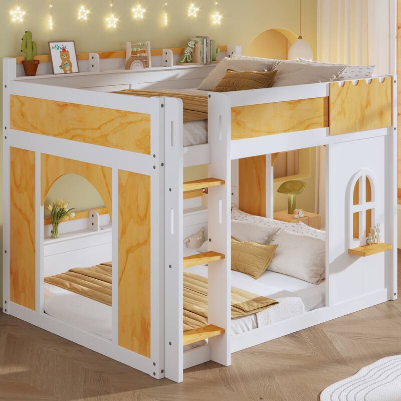 Kids Wooden Bunk Bed with Built-in Storage Shelves, Playful Window and 2 Doors - Natural White - Full