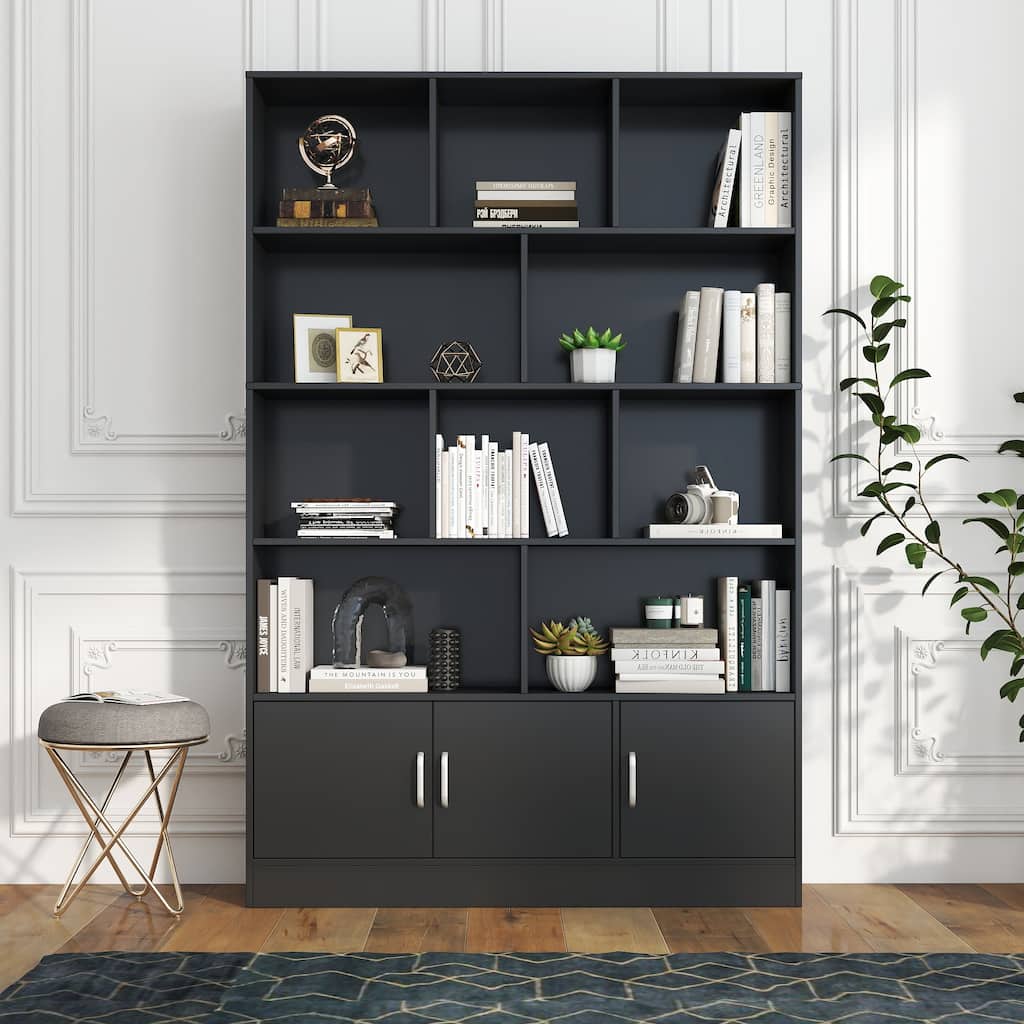 70.87"Tall Bookshelf with 10 Cubes and 3 Doors,4-Tier Bookshelf,Open Shelf Bookcase with Cabinet,Modern Cube Storage Organizer