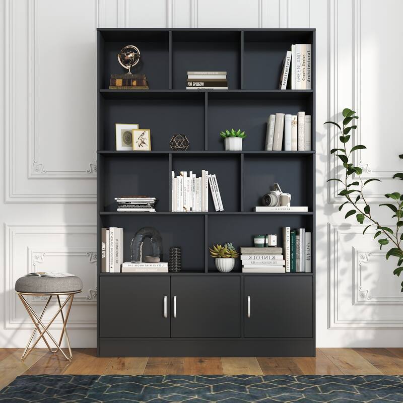 71" Modern Cube Storage Bookcase with 10 Cubes & 3 Doors, 4-Tier Open Shelf Organizer for Office - Black