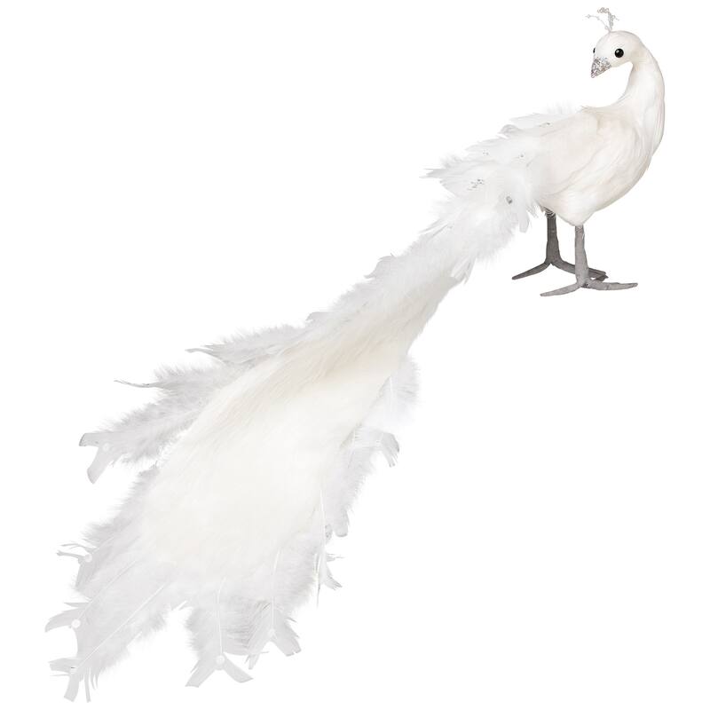 Jeweled and Glittered Peacock Christmas Decoration with Faux Pearls - 24" - White