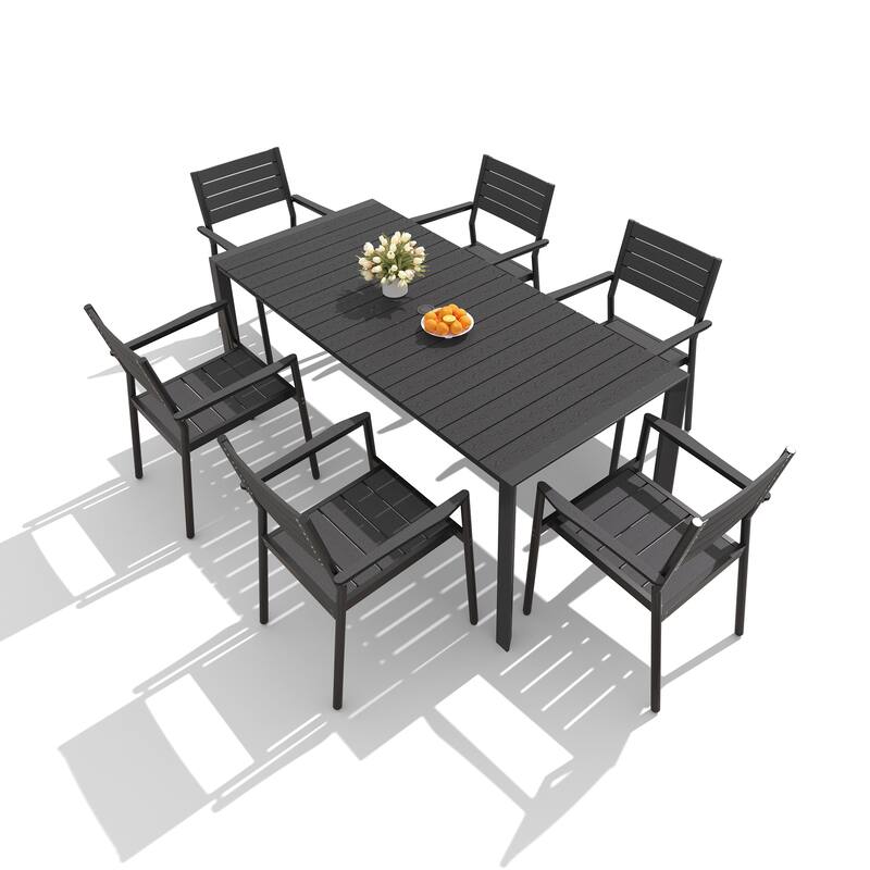 7/9/11-Piece Set Outdoor Aluminum Dining Table with Umbrella Hole and Stackable Dining Chairs