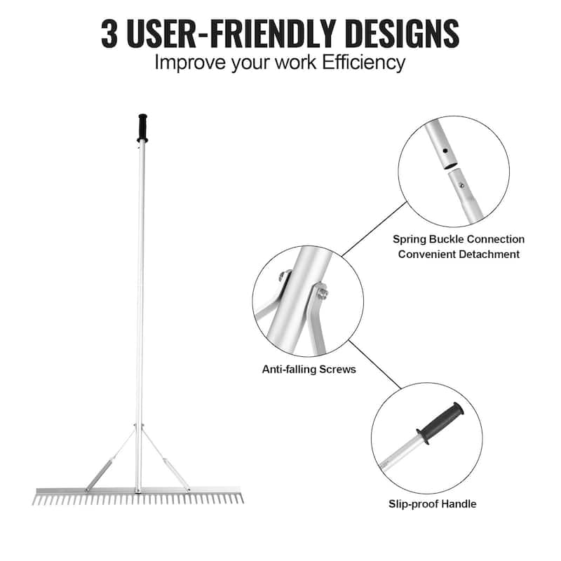 Grey 36" Head Aluminum Landscape Rake with 75" Long Handle Ideal for Loosening Soil or Lawn Care - 75.39" x 35.98" x 3.94"