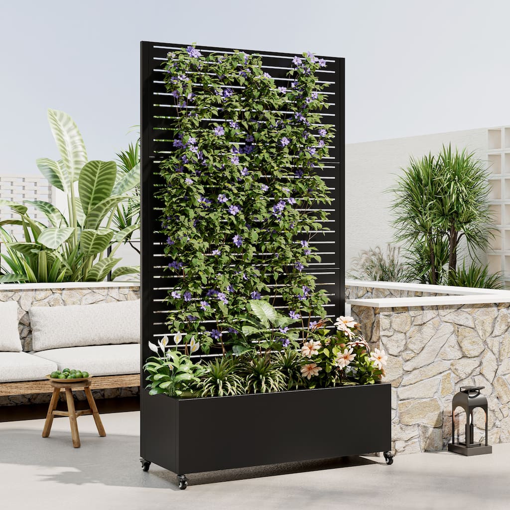Anmytek Metal Planter Box with Trellis on Wheels Privacy Screen Vertical Garden Black Outdoor Indoor