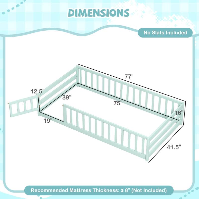 Costway Twin Size Floor Bed with Door & Fence with Safety Guardrails &