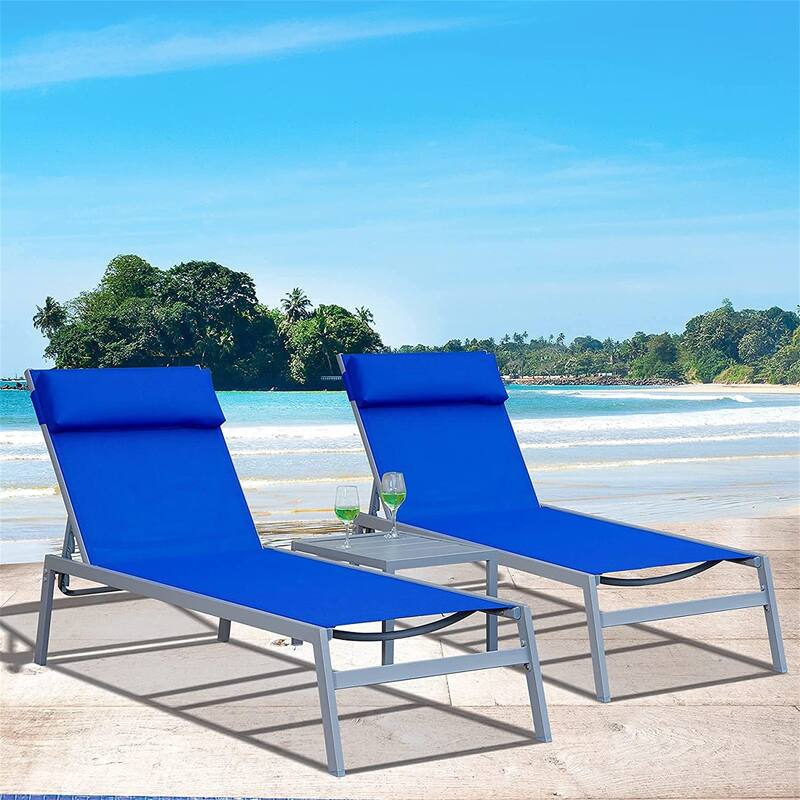 5 Adjustable Steel Outdoor 2 Chaise Lounge Chair with Pillow and 1 Table in Blue - N/A - Blue
