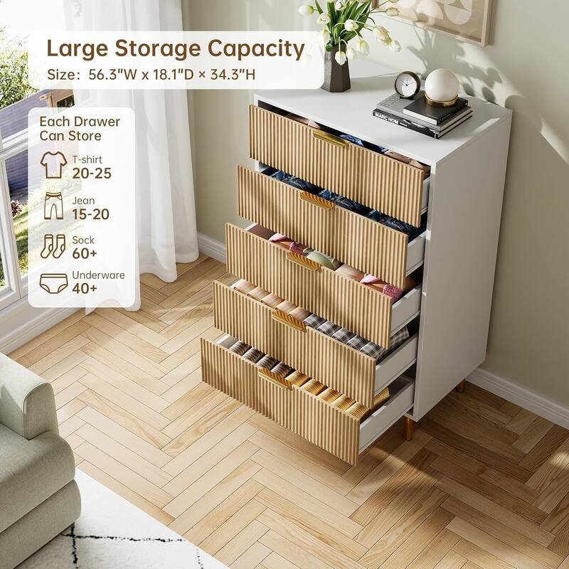 5 Drawer Dresser for Bedroom with Gold Handle and Large Drawer