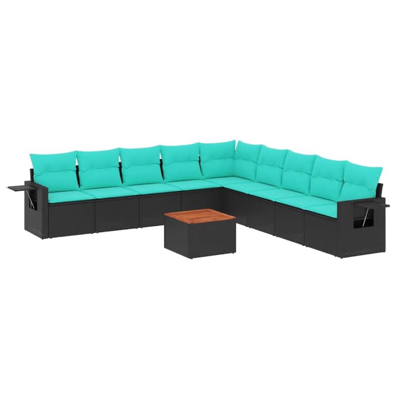 vidaXL 10 Piece Patio Sofa Set with Cushions Black Poly Rattan - 24.4" x 24.4" x 27.2"
