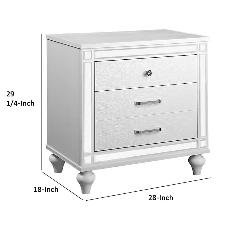 Reya 29 Inch Nightstand, Classic White, Textured Panels, Mirrored Trim