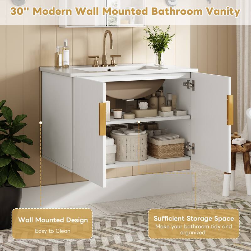 30 Inch Floating Bathroom Vanity with Ceramic Basin, Dual Doors, Adjustable Shelf, Solid Wood Frame Cabinet
