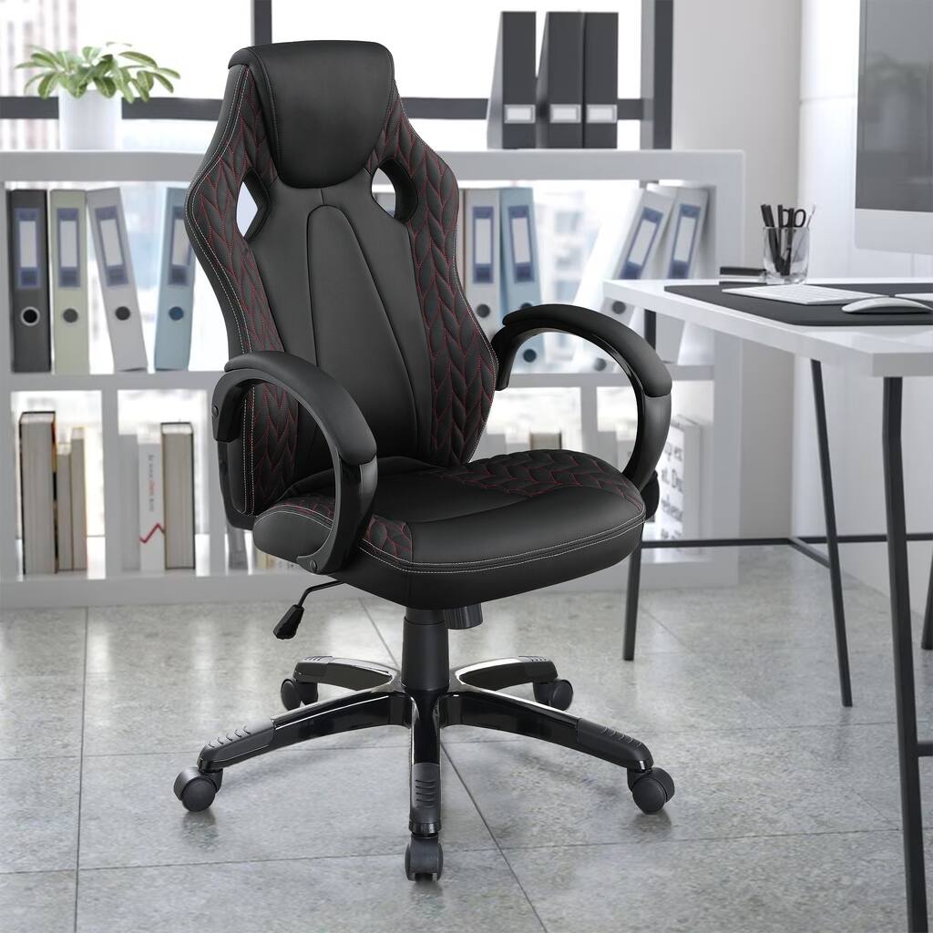 26 Inch Modern Swivel Office Chair, Faux Leather Seat, Rolling Base, Black
