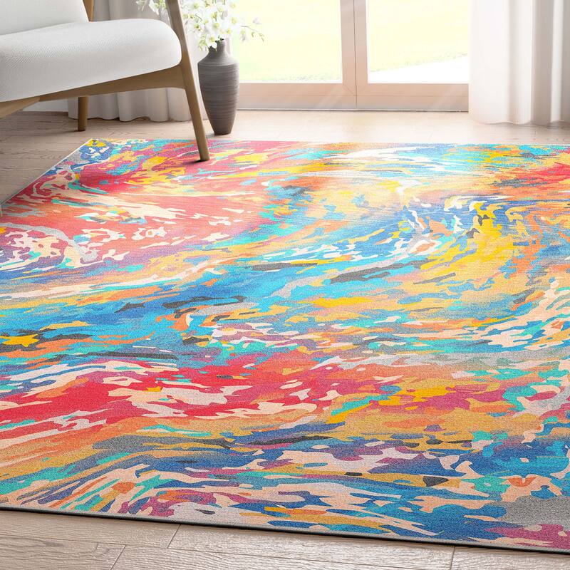 Well Woven Abstract Harmony Modern Boho Marble Flat-Weave Area Rug - 5' 3" x 7' 3" - Multi-Color 2 - Rectangle