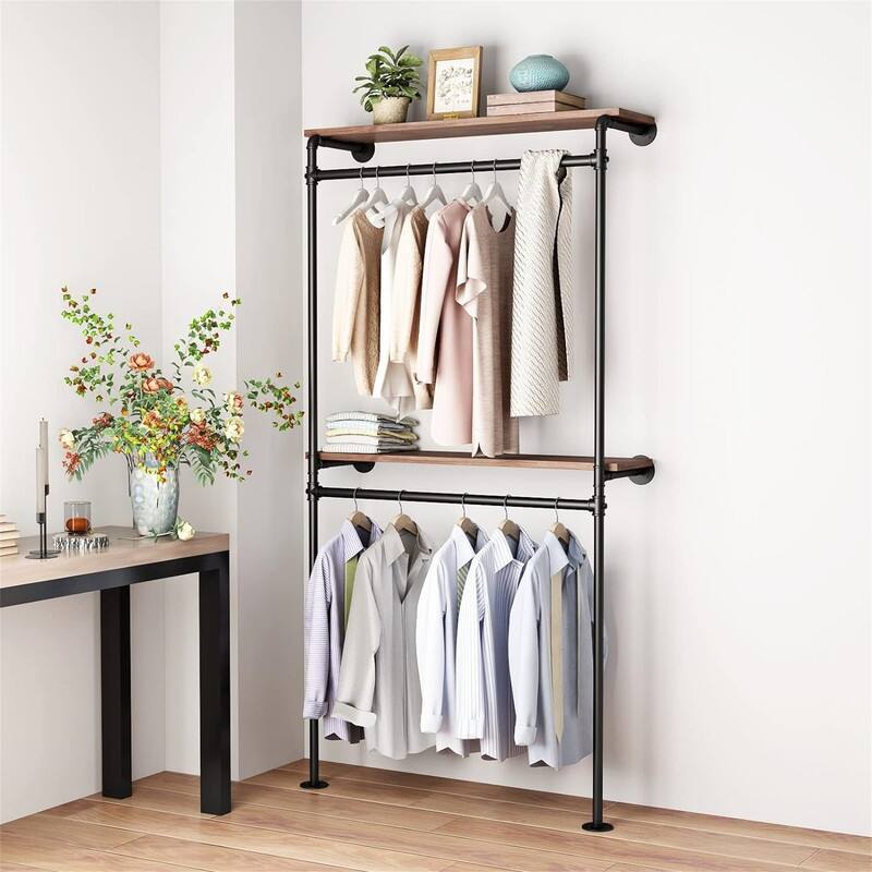 Industrial Pipe Clothing Racks with 2 Tier Shelves