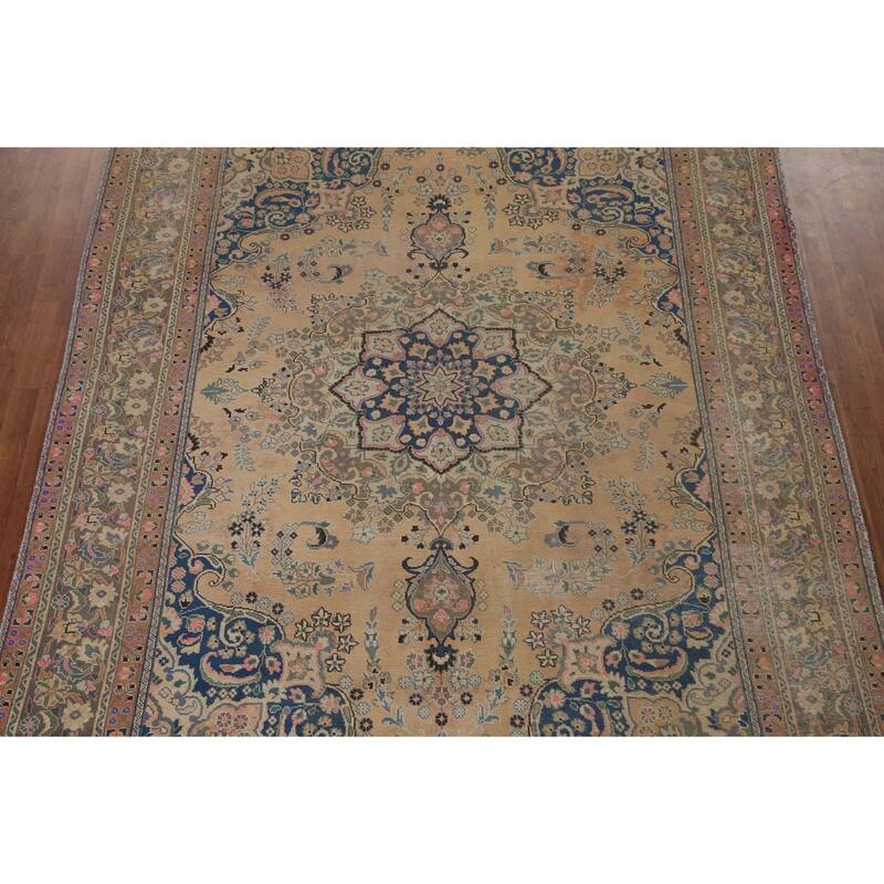 Vintage Distressed Mashad Persian Area Rug Hand-knotted Wool Carpet - 7'11" x 11'1"