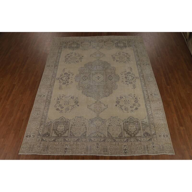 Geometric Beige Tabriz Persian Vintage Rug Handmade Wool Carpet - 8'11" x 11'5"