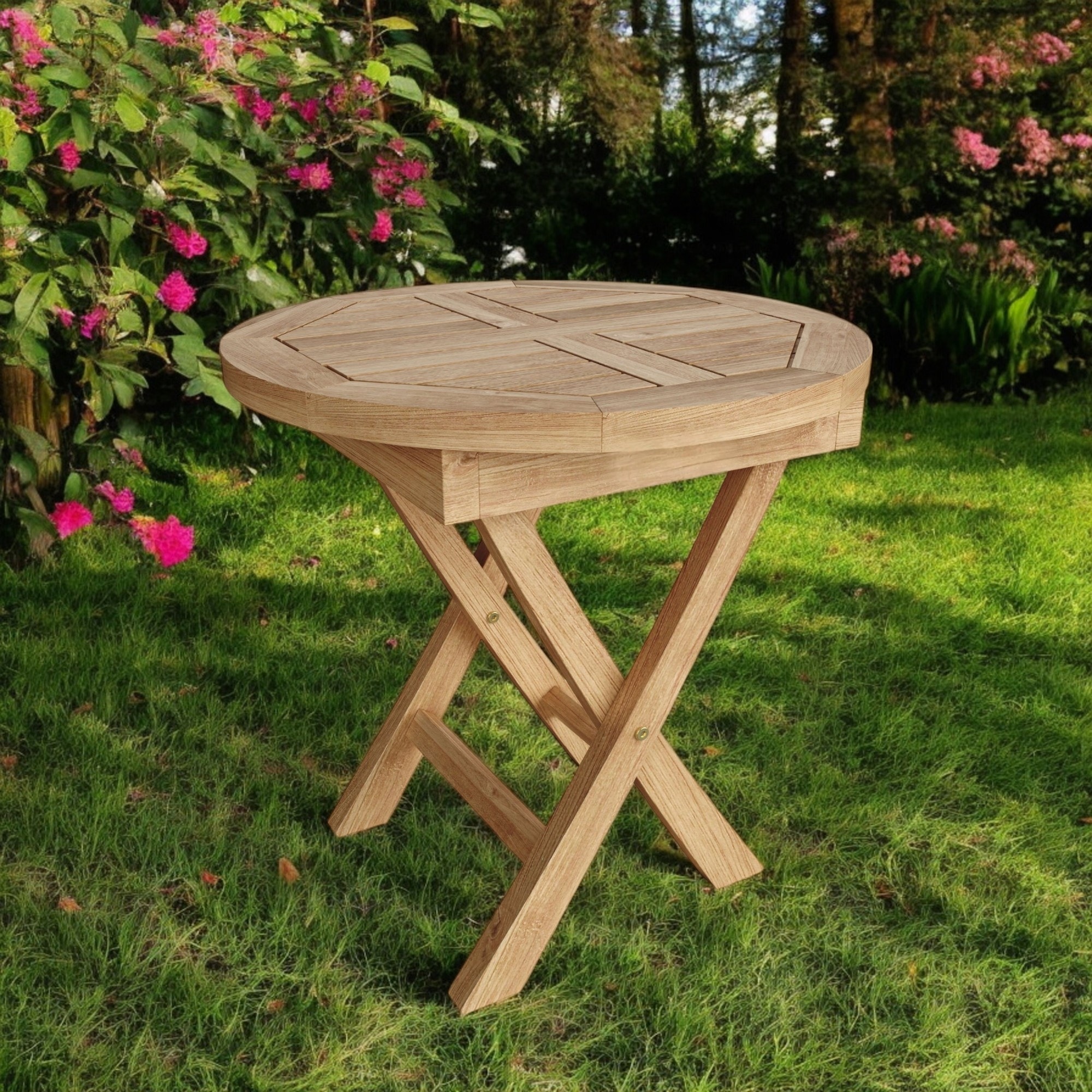 HomeRoots 20" Natural Rounded Solid Wood Folding Outdoor Side Table