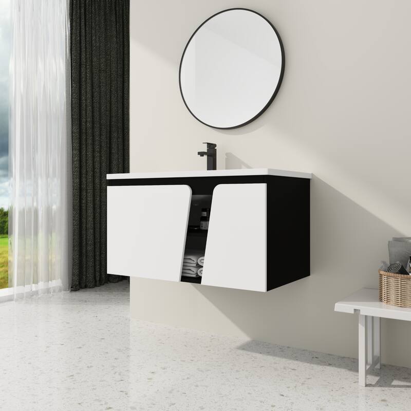 Wall-Mounted Bathroom Vanity with Ceramic Sink, Soft-Close Doors, Eco-Friendly Plywood Cabinet, and Ample Storage