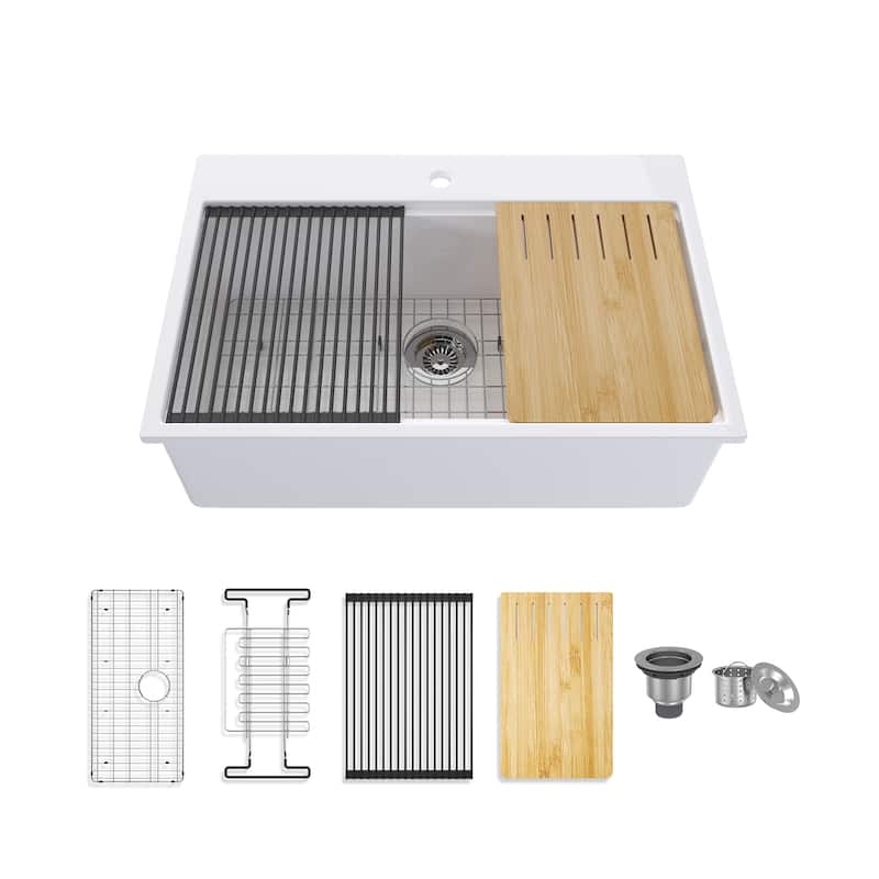 33 in. Drop-In Single Bowl Fireclay Workstation Kitchen Sink with Drying Rack & Cutting Board - Includes Accessories