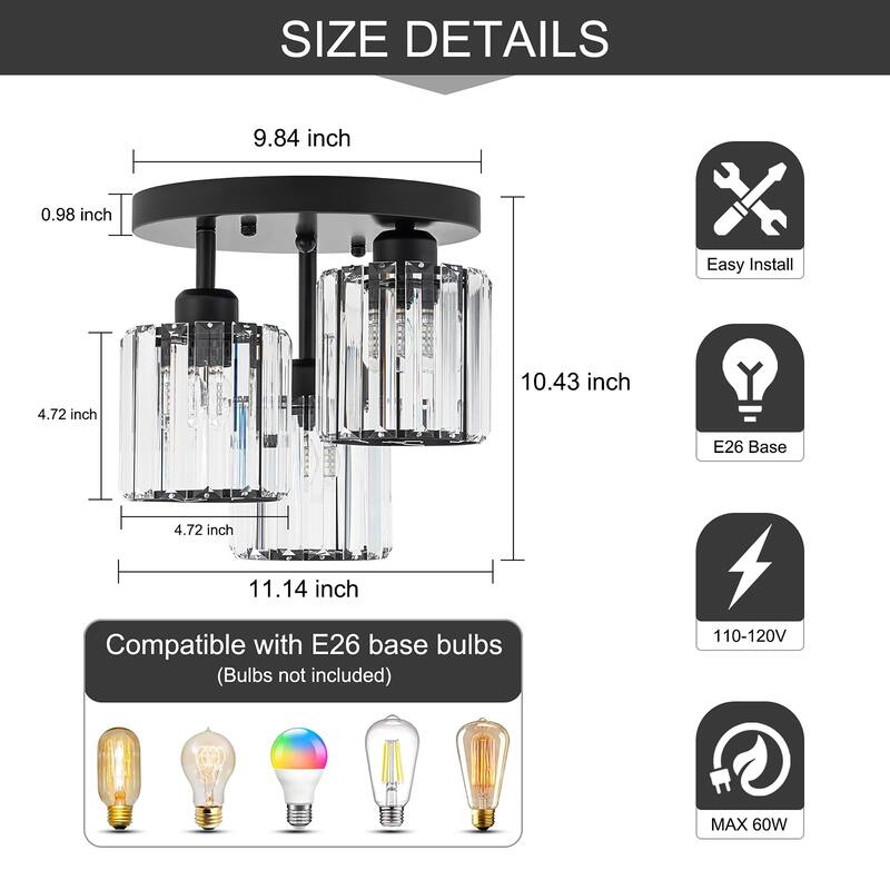 Starsky 3-Light Modern Glass Crystal Semi Flush Mount Ceiling Light