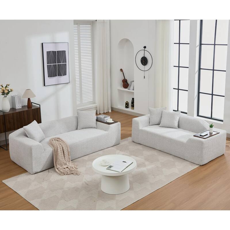 Boucle Sofa Set: 3 Seater, 2 Seater, and End Table for Living Rooms - Light Grey