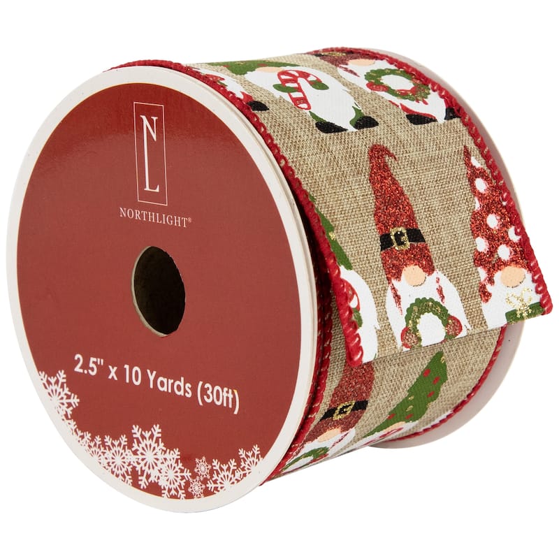 Santa Gnome Wired Craft Christmas Ribbon 2.5" x 10 Yards