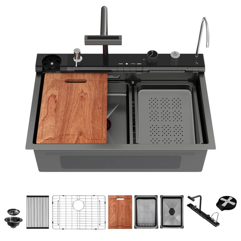 30" Drop-In 16 Gauge Single Bowl Stainless Steel Smart Digital Kitchen Sink with Faucet in Gunmetal Black - 30'' x 19'' x 9''