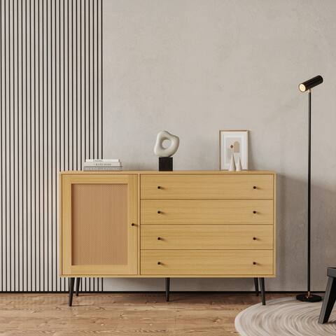Eureka Accent Boho Storage Cabinet, Urban Buffet Sideboard with Natural Rattan Doors, Shelves and Four Drawers