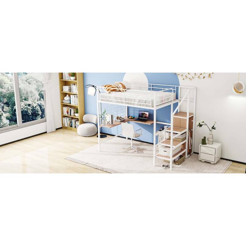Metal Loft Bed with Desk ,Storage Ladder & Wardrobe