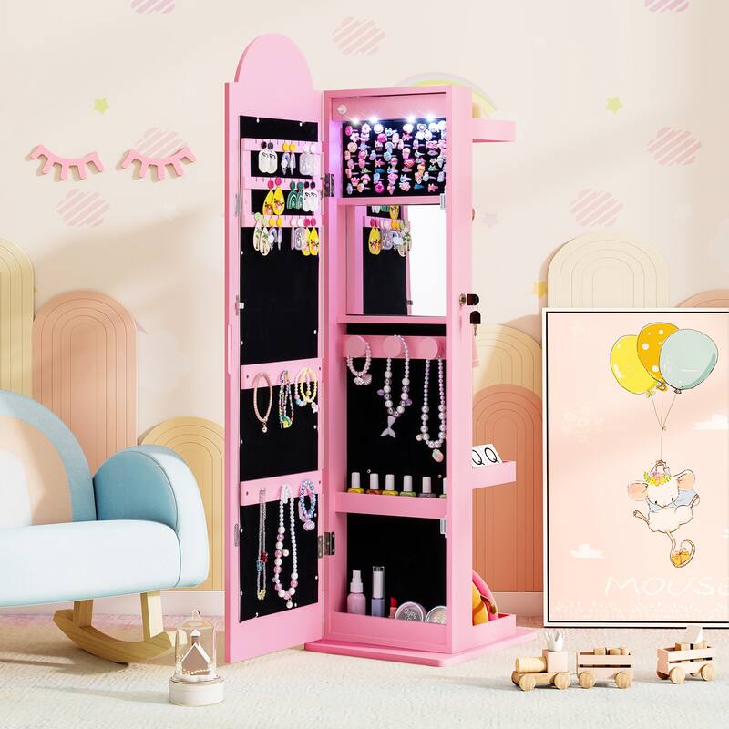 Gymax 3 In 1 Kids Jewelry Cabinet w/3-Color Lighted Full Length Mirror