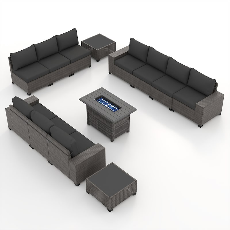 13-Piece 10 Person Patio Free Combination Wicker Conversation Set With Waterproof Cushions and Firepit Table