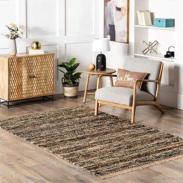slide 2 of 9, Nuloom Julane Striped Jute Tassel Area Rug 5' x 8' - Dark Grey - Rectangle