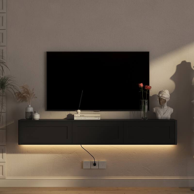 Floating LED TV Stand for Living Room, Wall Mounted TV Console Table with Power Outlet